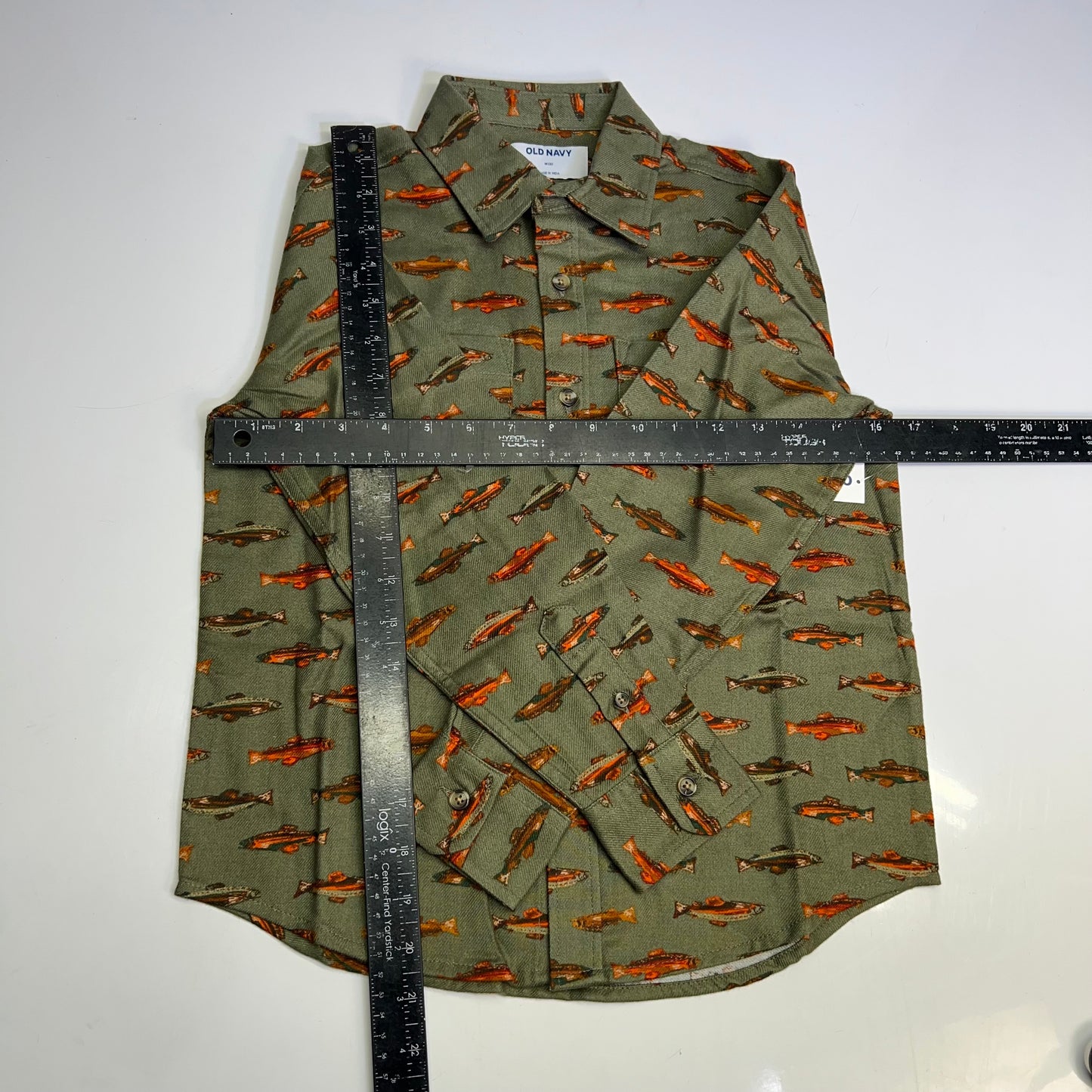 OLD NAVY Printed Fish Pattern Long Sleeve Fennel Pocket Shirt Boy's Sz M Green