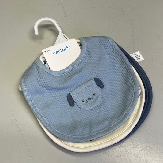 CARTERS (SET OF 3) Snap Baby Bibs Puppy Pocket Farmhouse Patterns Blue/White