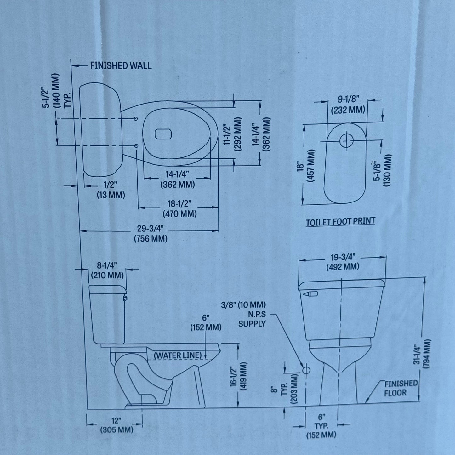 MANSFIELD Elongated Toilet Kit Sz 31 1/4” H x 19 3/4” W x 29 3/4” L 013710017