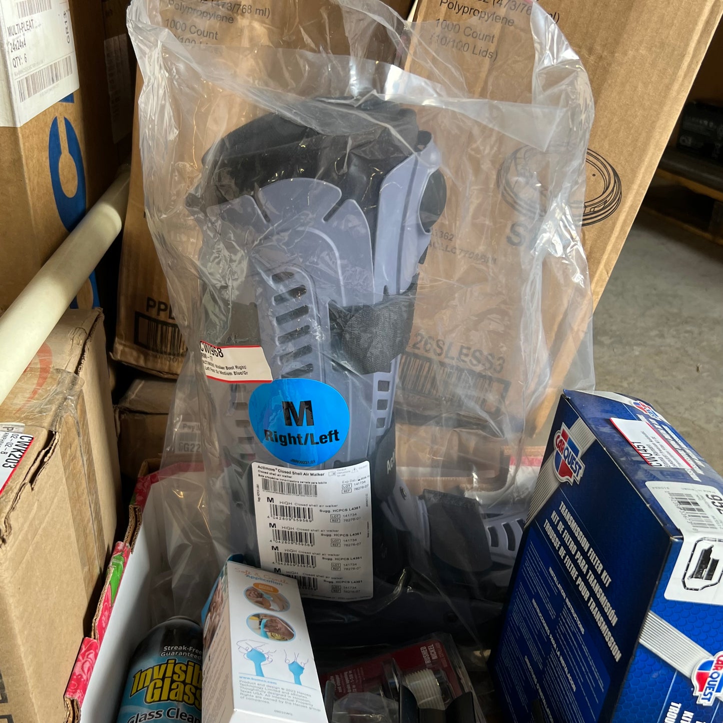 ZA@ Pallet of MIXED Soap Dispenser, Air Filters, Plastic Lids, Walker Boot Right/Left Foot, Spool Kit, Etc... (AS-IS)
