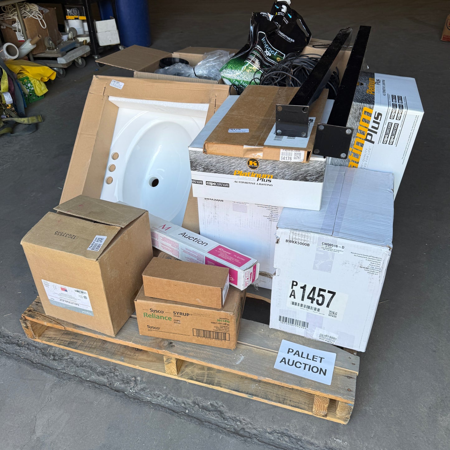 ZA@ Pallet of MIXED Rubber Trim, Currency Straps, Toilet Seat Covers, Automotive, Lighting, Honda Genuine Parts, Sink, Toner, Marking Paint,Syrup & MORE! (AS-IS)