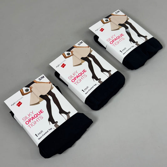 HANES (3 PACK) Style Silky Opaque Tights Non-Control Top Women's S/M Black 638850