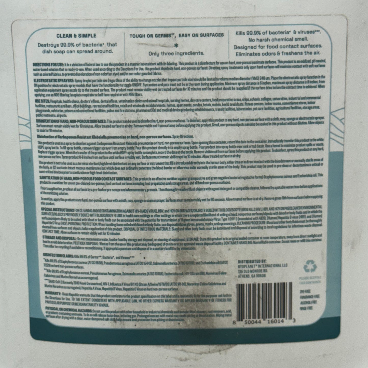 CLEAN REPUBLIC (4 Pack)  Multi-purpose Disinfectant, Hypochlorous Acid Cleaner 1 Gallon Unfinished (New (As Is))