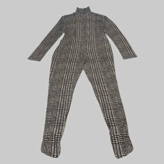 NORMA KAMALI Sleeve Open Back Catsuit Footsie Women's Sz XL/42 Chocolate Plaid