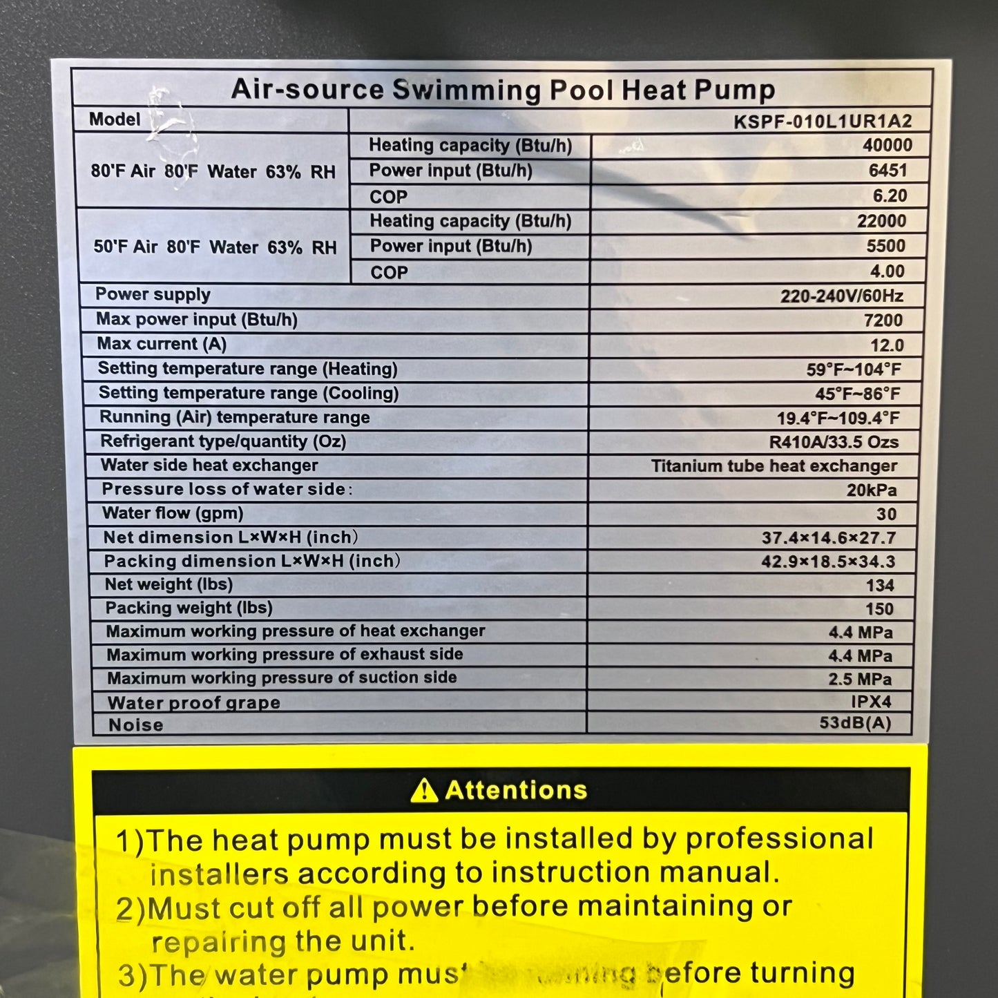 VARPOOLFAYE Air-Source Swimming Pool Heat Pump, Dark Grey KSPF-010L1UR1A2