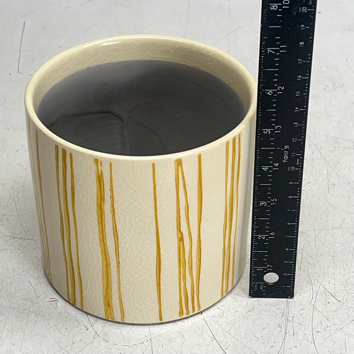 SILVER TREE Ceramic Crackle Glaze Plant Pot 5"x5" Yellow Paint Stripe A11087