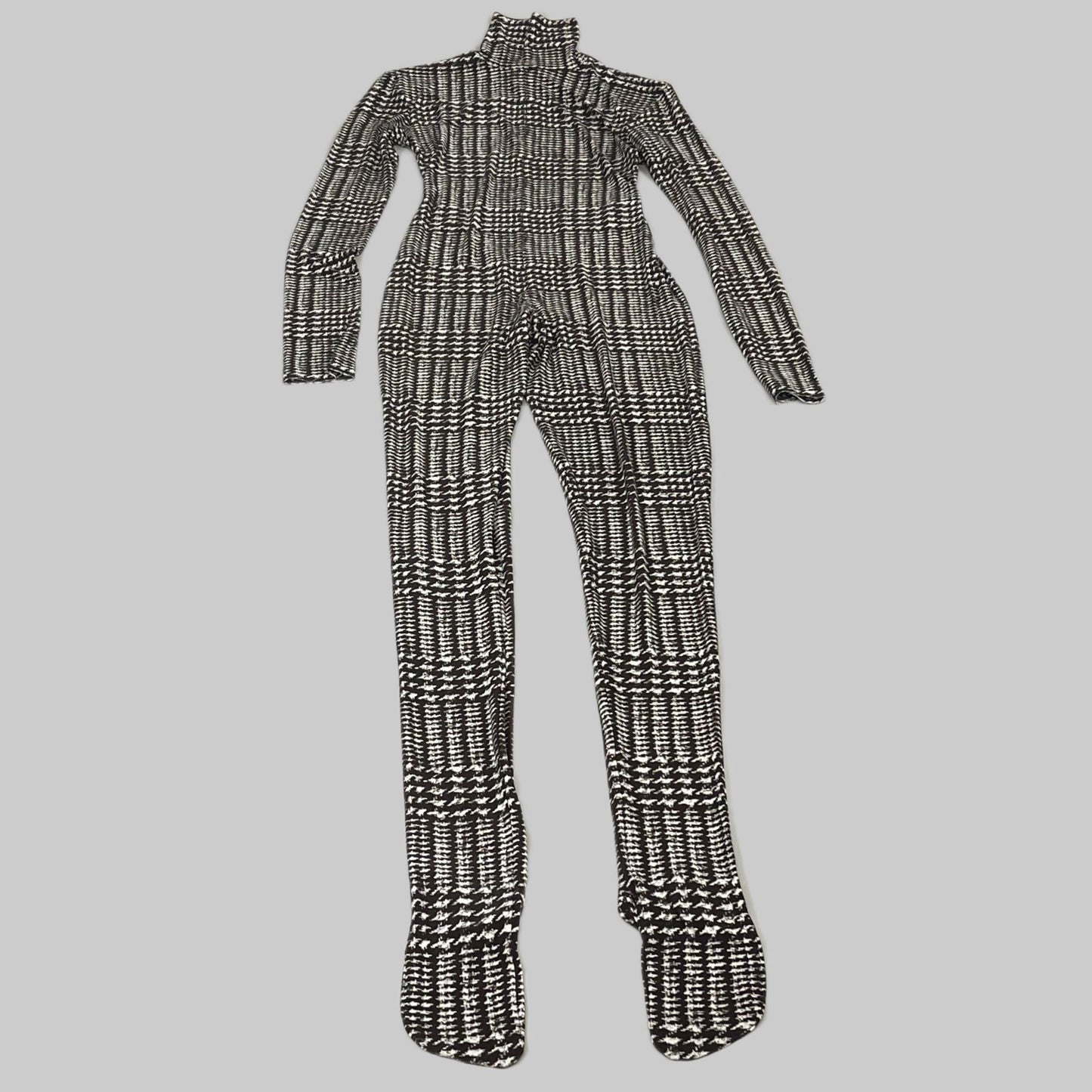 NORMA KAMALI Sleeve Open Back Catsuit Footsie Women's Sz XXS/32 Chocolate Plaid