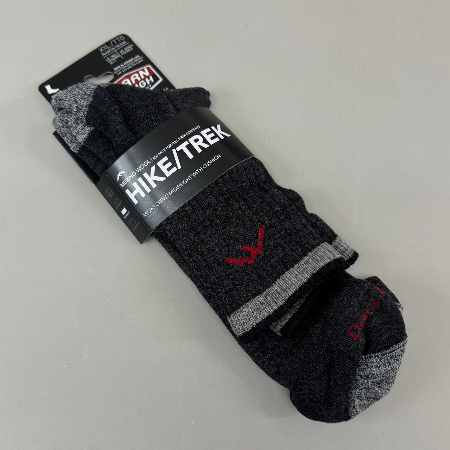 DARN TOUGH Hike/Trek Socks Micro Crew Midweight Merino Wool Men SZ XXL 15-17 Black/Grey