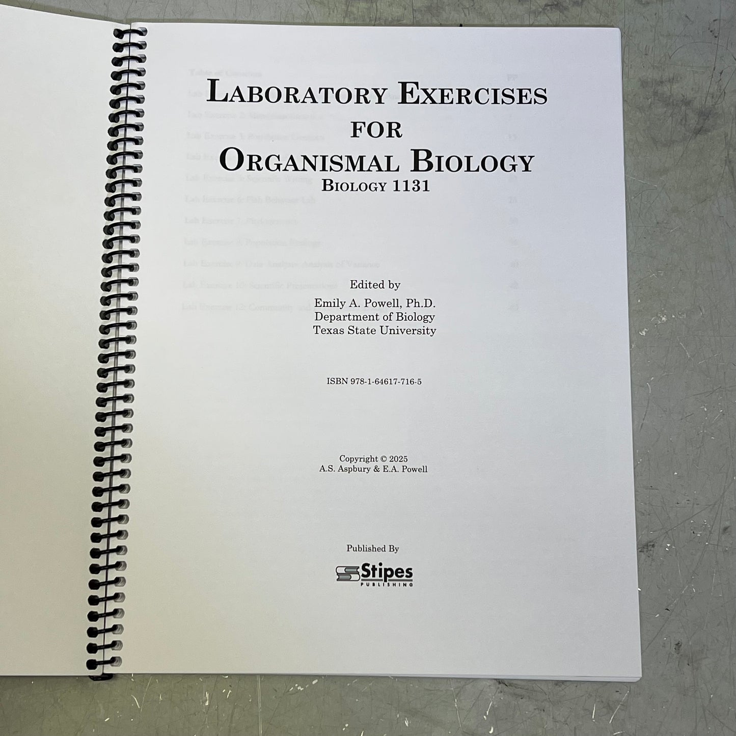 LABORATORY EXERCISES FOR ORGANISMAL BIOLOGY FALL 2025 SPRING 2026 Spiral Book