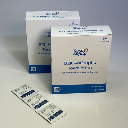 ZA@ DYNAREX (2 PACK, 100 PACKETS EACH) DynaSaftey BZK Antiseptic Towelettes 5"x7" White 1303 BB 03/30 A