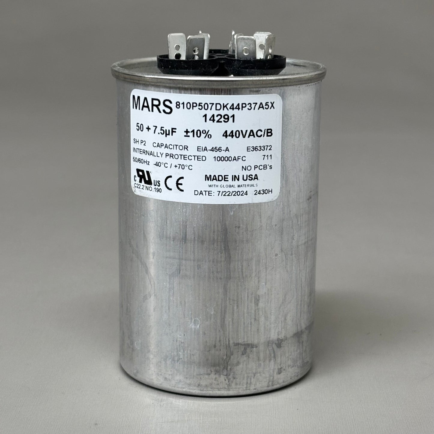 MARS Aluminum Motor Run Capacitor Round 50/7.5 MFD 440/370VAC Dual Voltage 14291