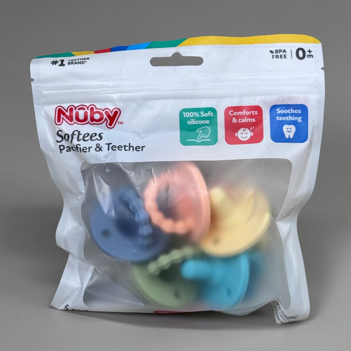 NUBYS (2 PACK, 10 TOTAL) Silicone Softees Pacifier Soothes Teething Boy Color