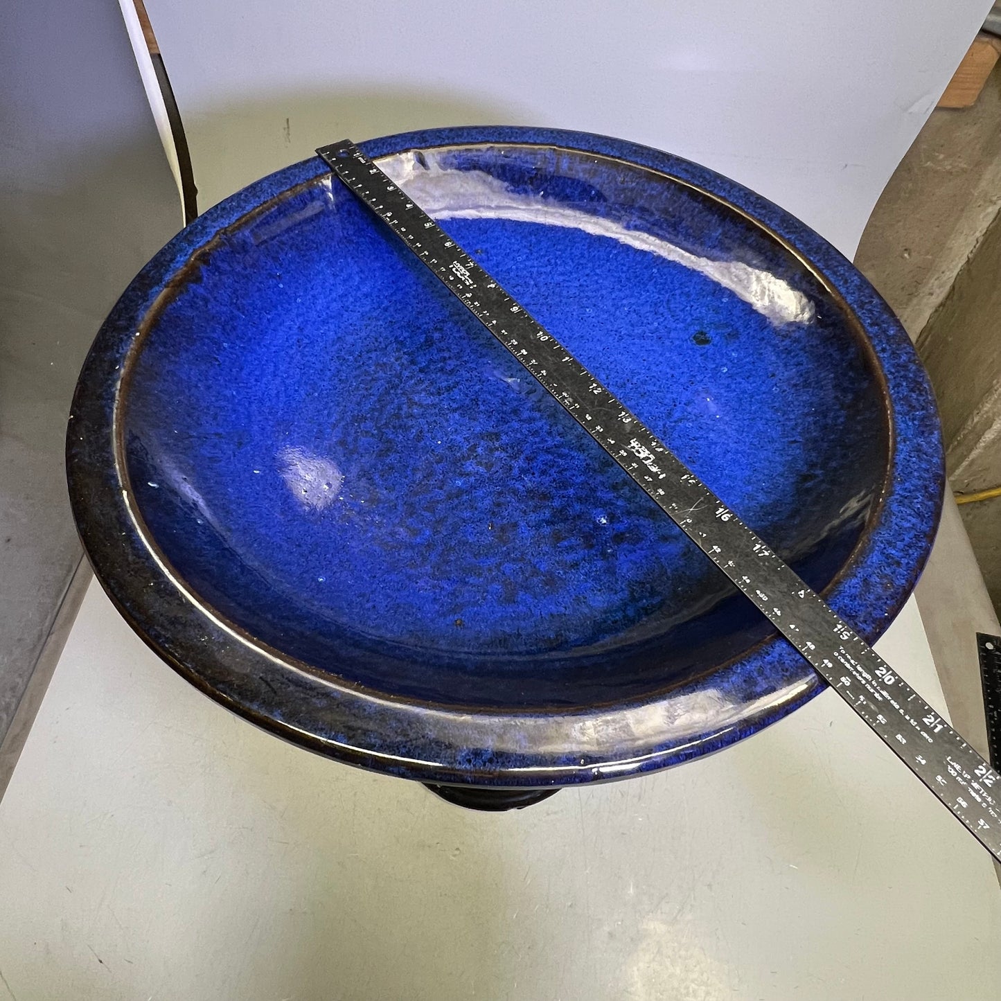 ZA@ Glazed Pottery 2 Piece Swirl Stand Bird Bath 22" L x 20" Dia Deep Blue