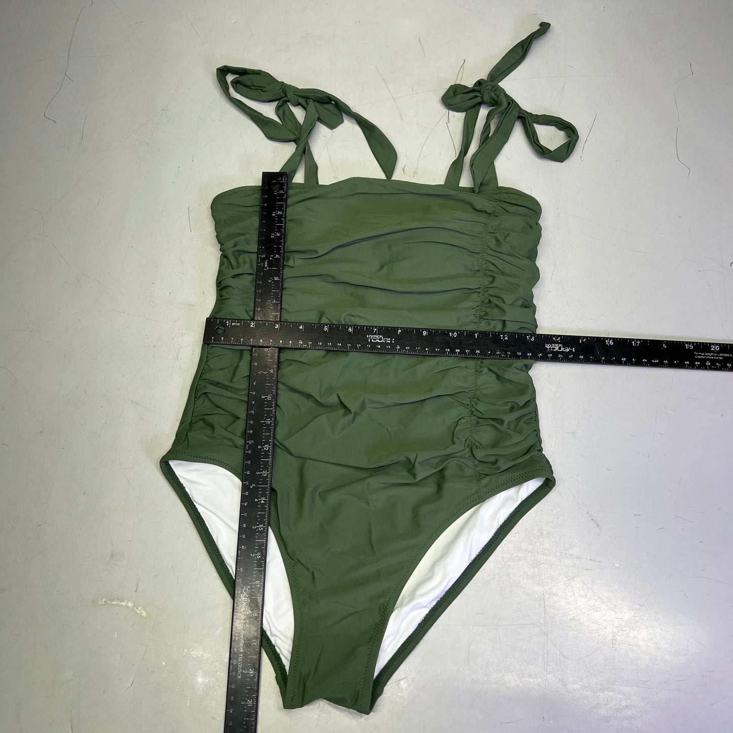 CHARMO Tie Strap One Piece Scrunched Torso Swimsuit Women's Sz M Olive Green
