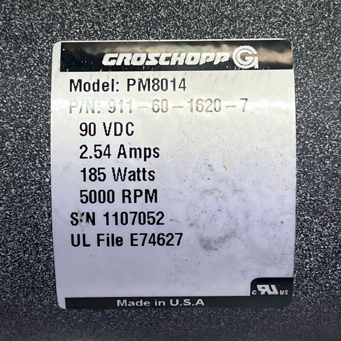 GROSCHOPP Brushed DC Motor 90 VDC 2.54 AMPS 185 Watts PM8014 911-60-1620-7