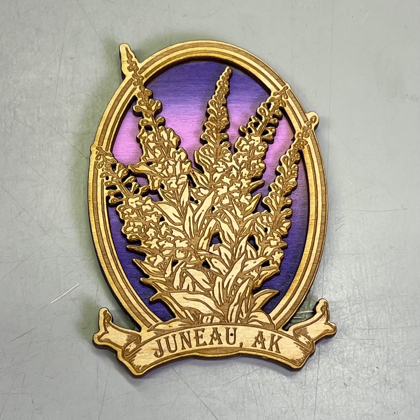 Z@ (2 PACK) Lavender Flowers Laser Cut Wood Magnet Souvenir JUNEAU, AK Made In USA