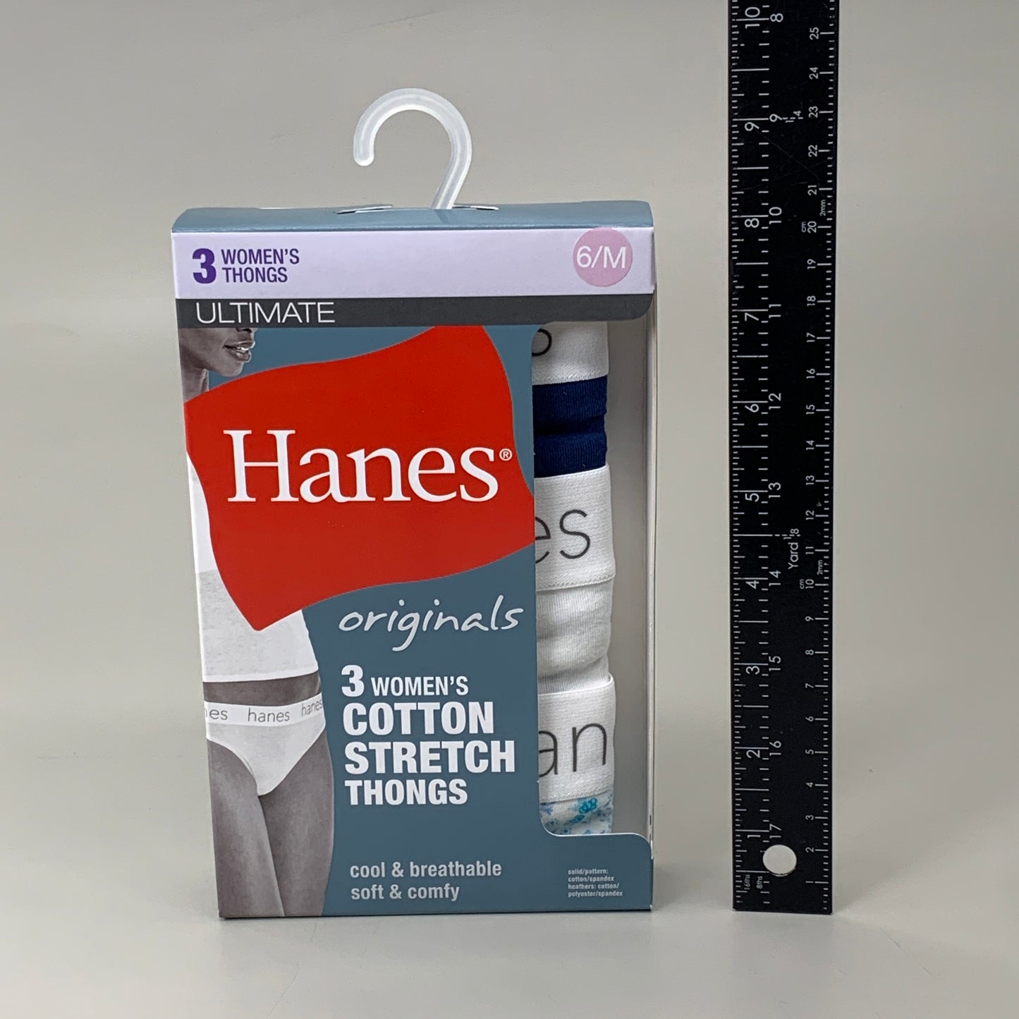 HANES 3 PACK!! Originals Women's Breathable Cotton Stretch Thongs Underwear Sz 6/M Navy/White/Floral 45U0BT