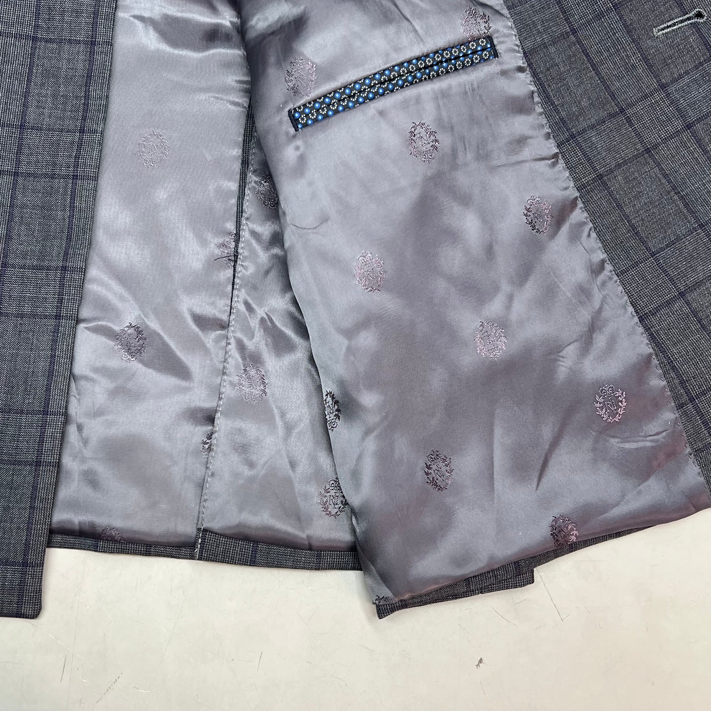 RALPH LAUREN  70% Wool Hand Tailored Suit Set Men's Sz 42 L Grey Purple Plaid (Pre-Owned)