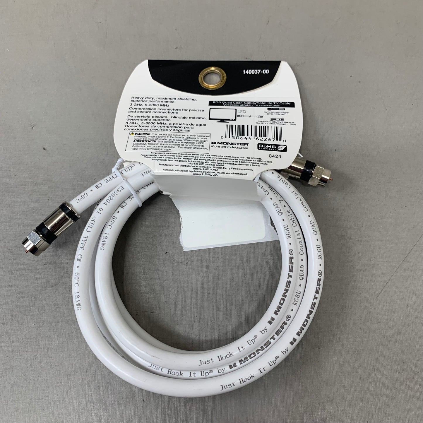 MONSTER (2Pack) RG6 Quad Coax Satellite Tv Cables 6ft, 12ft White 140037-00,140031-00