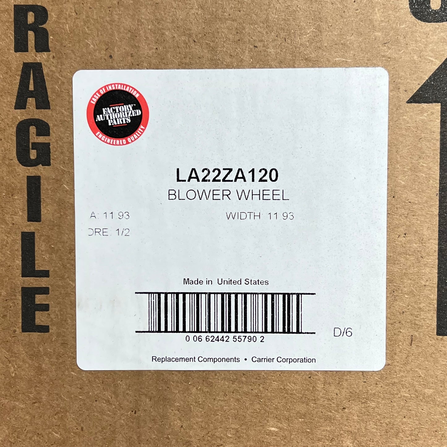 FACTORY AUTHORIZED PARTS Blower Wheel  11.93" W x 11.93" Dia 1/2" Bore LA22ZA120