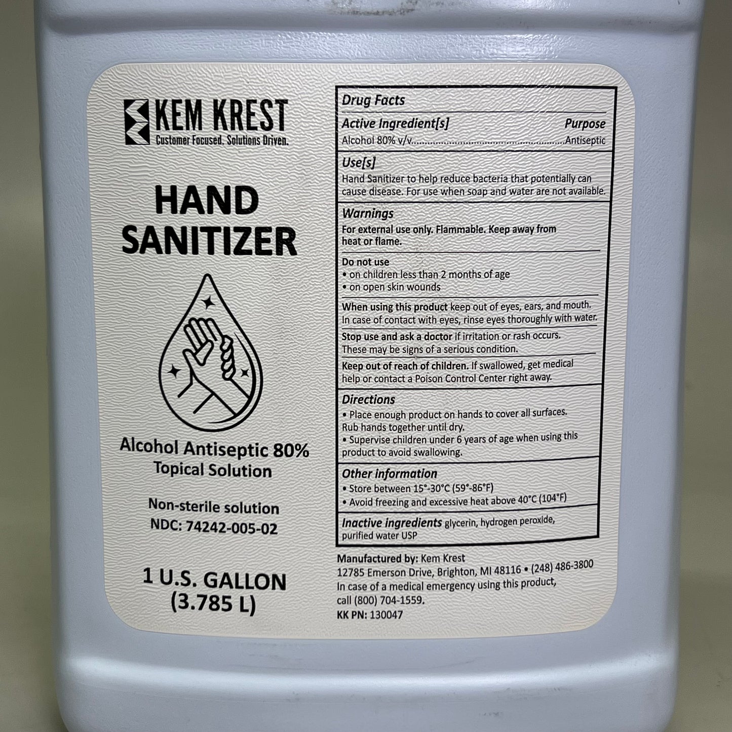 KEM KREST (3 PACK) Hand Sanitizer 1 Gal Alcohol Antiseptic 80% Topical Solution