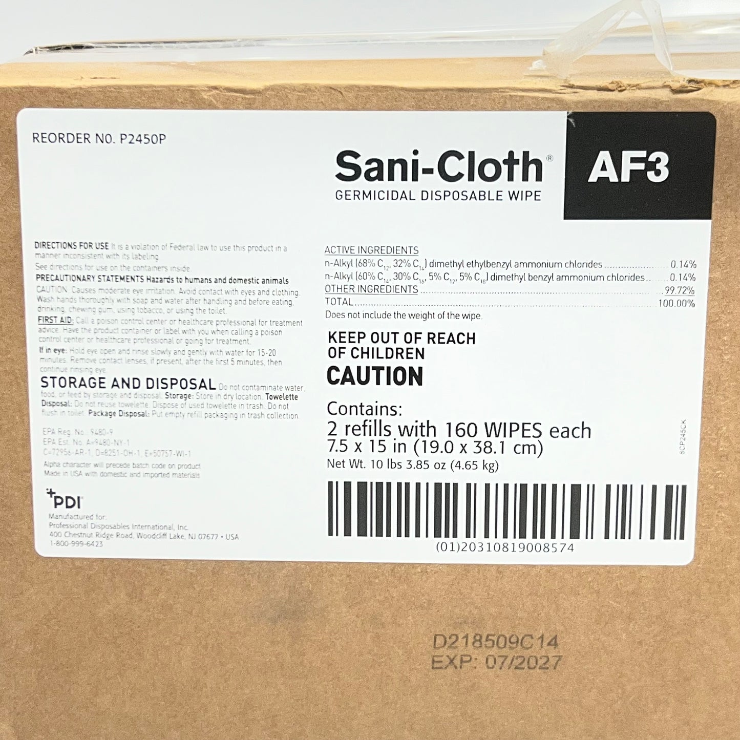 PDI (2 PACK, 160 WPES EACH) AF3 Sani-cloth Germicidal Disposable Wipes Sz Extra Large BB 07/27