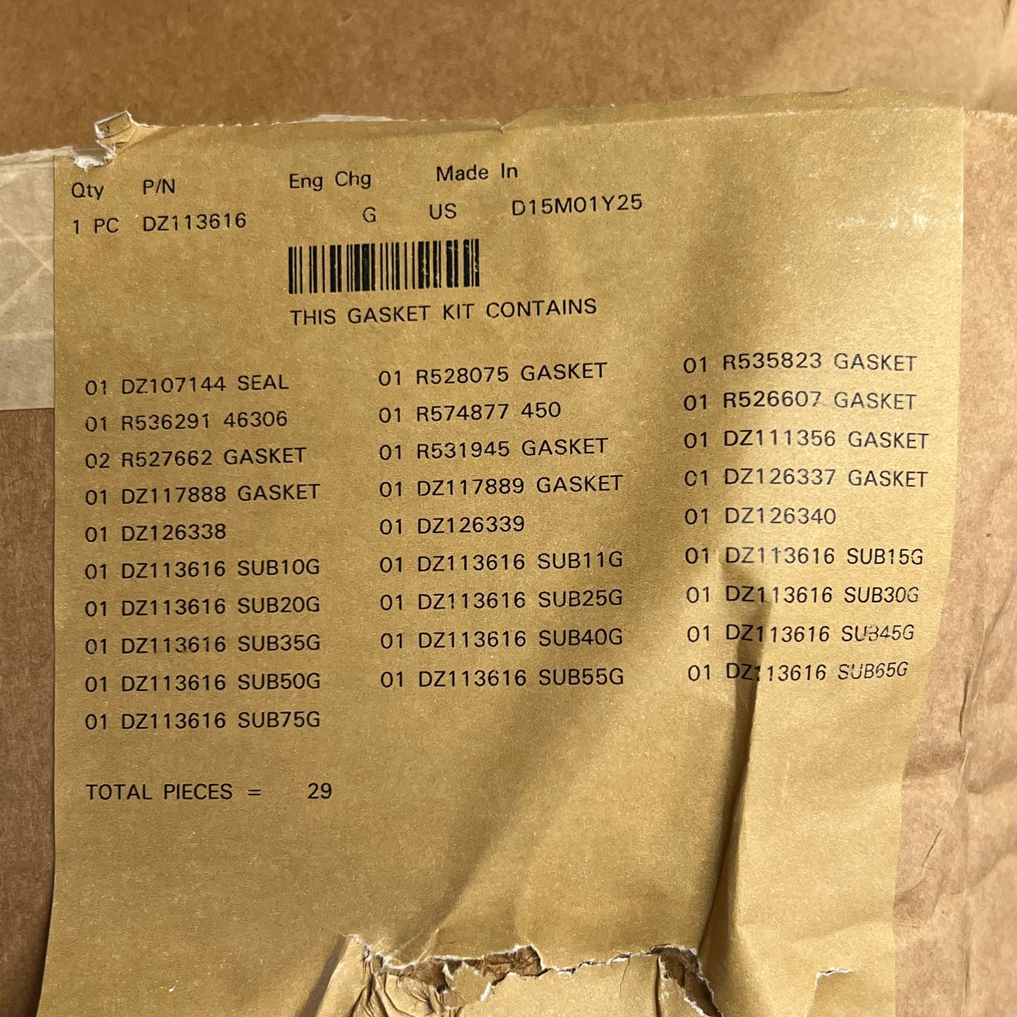 JOHN DEERE Genuine OEM Engine Gasket Kit For 9.0 Diesel DZ113616