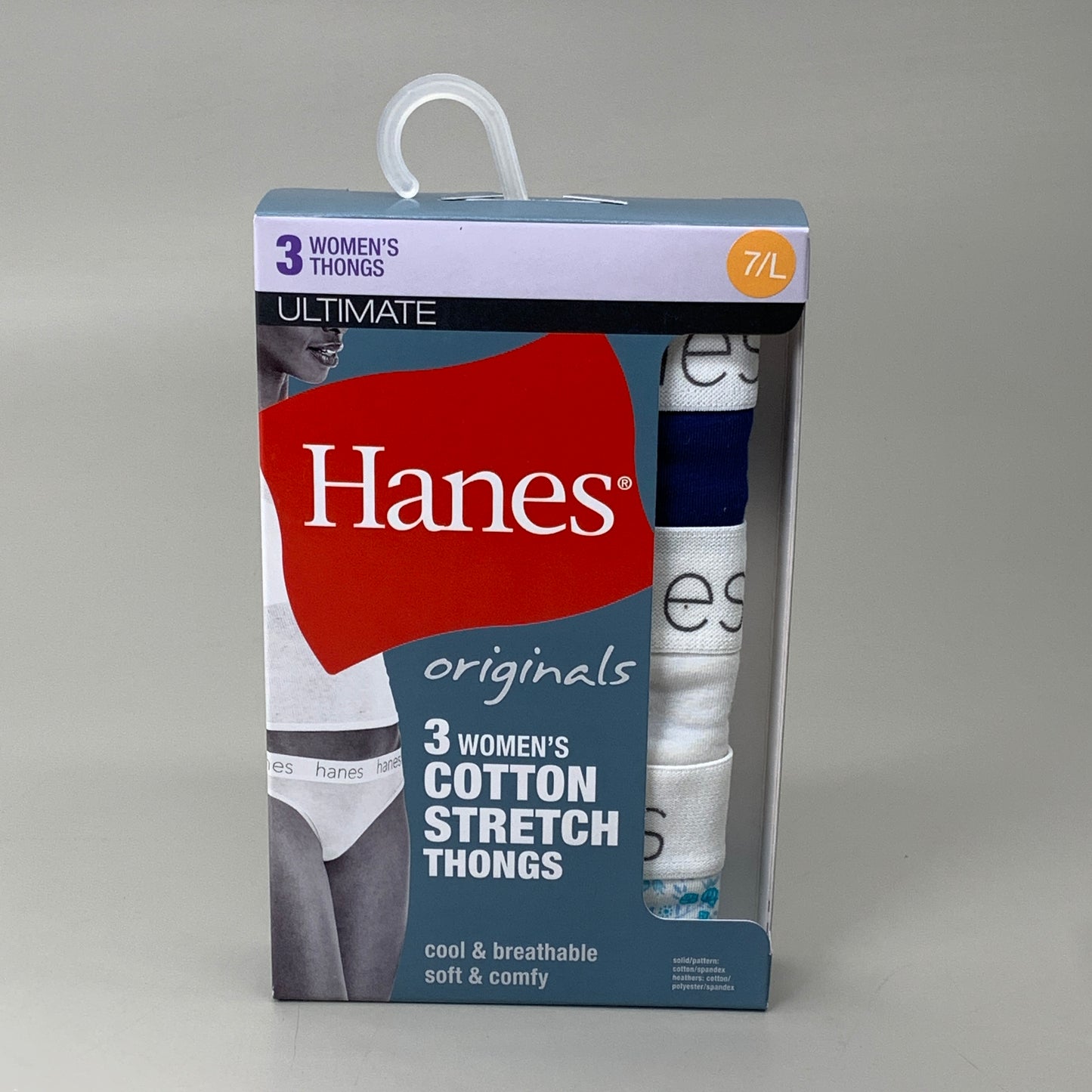 HANES 3 PACK!! Originals Women's Breathable Cotton Stretch Thongs Underwear Sz 7/L Navy/White/Floral 45U0BT