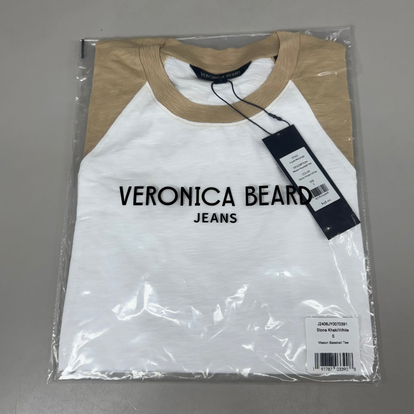 VERONICA BEARD Jeans Women's Mason Baseball Tee Sz-S Stone Khaki/White