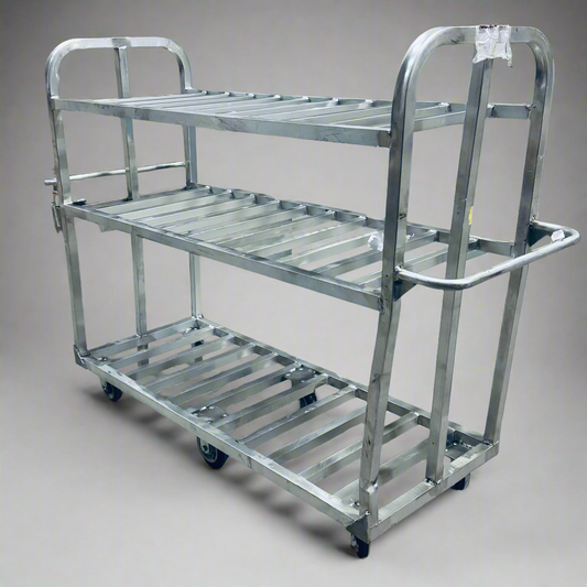 ZA@ NATIONAL CART Aluminum Custom Pick Cart w/ 3 Shelves AL-CPC-2566 Sz 59”H x 70.5”L x25”W (AS-AS, Damaged)