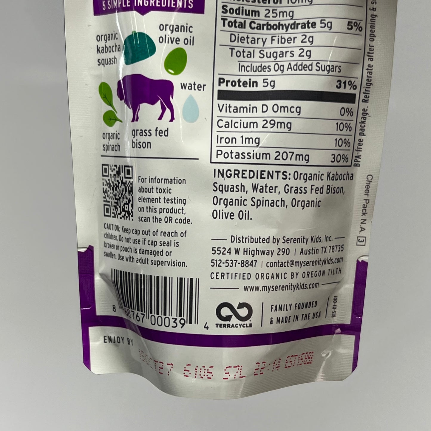 SERENITY (6 PACK) Grass Fed Bison W/ Kabocha Squash & Spinach Pouches BB 10/27