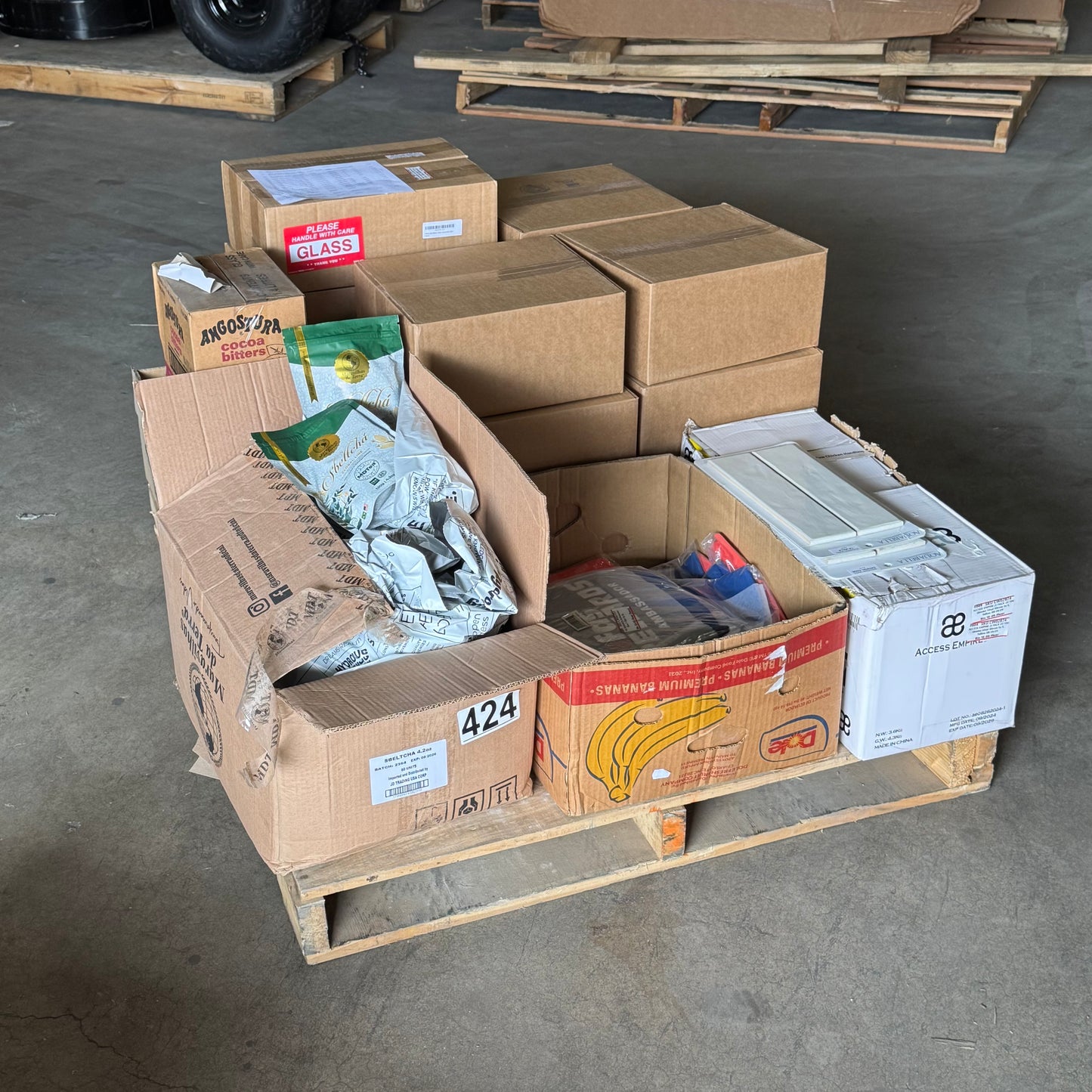 ZA@ Pallet of MIXED Chamomile, Gloves, Baby Cereal, Distillery Gin, Polypropylene Bags, Etc… (AS-IS)