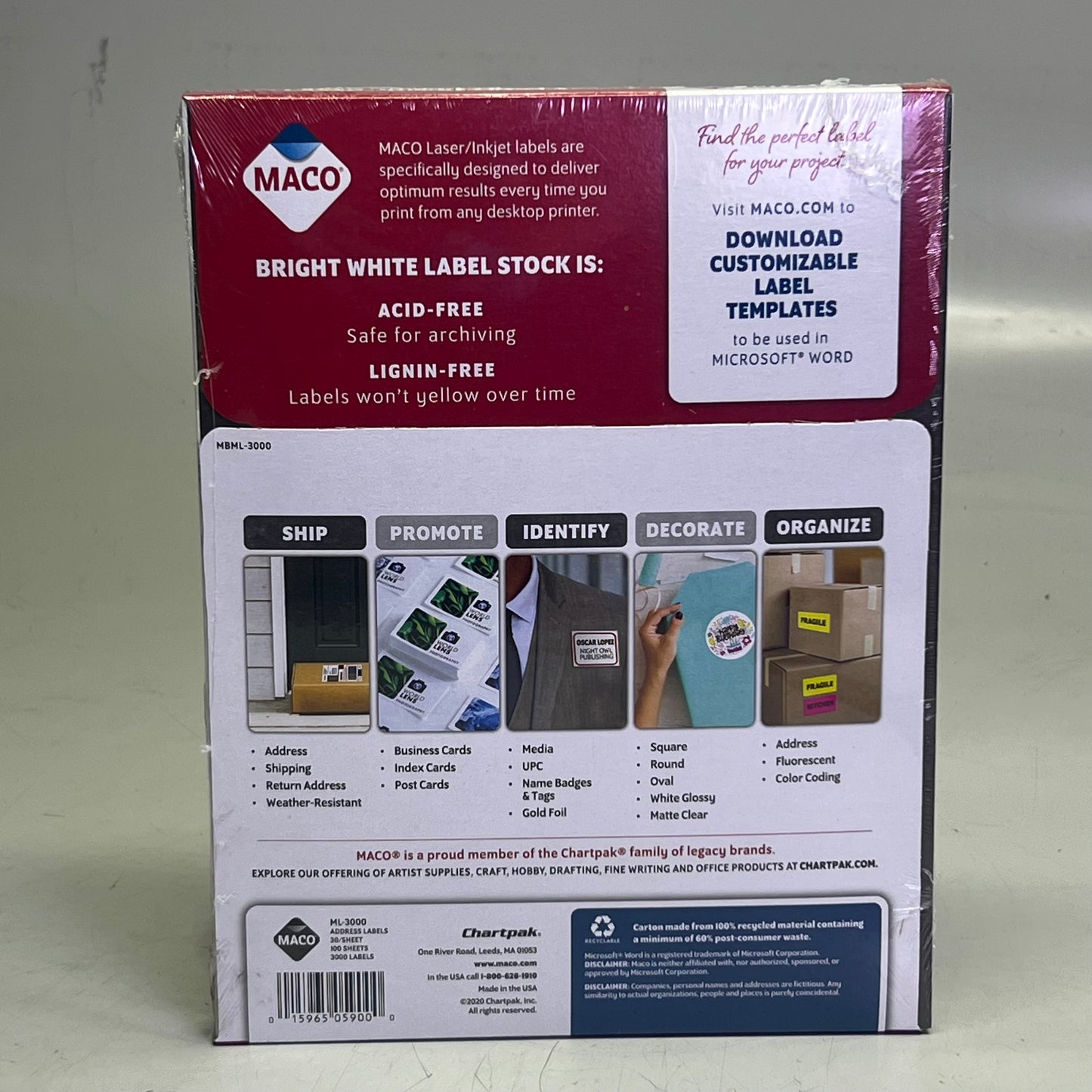 MACO (3000 Labels) Bright White Label Stock 1" x 2 5/8" White ML-3000