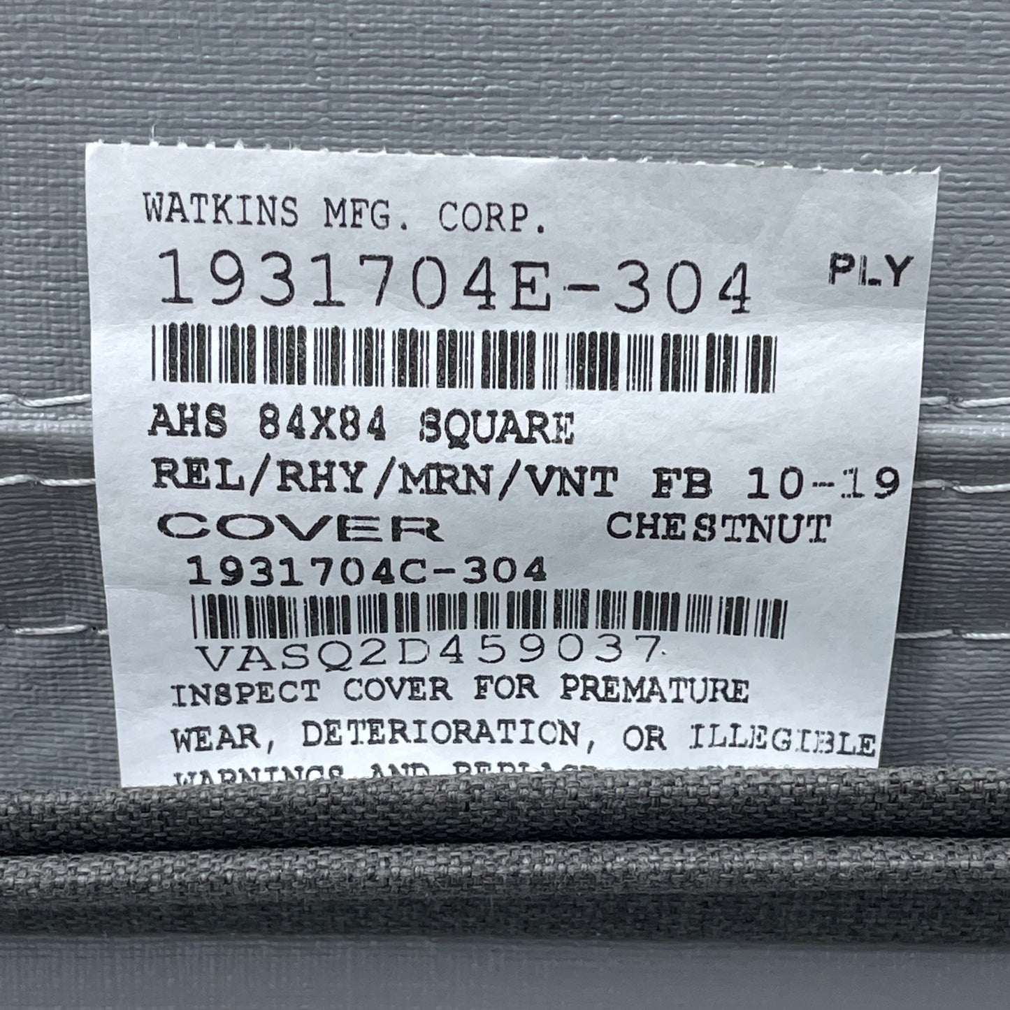 ZA@ Pallet of WATKINS Spa Cover Grey 84”x84” 1931704E-304 (AS-IS)