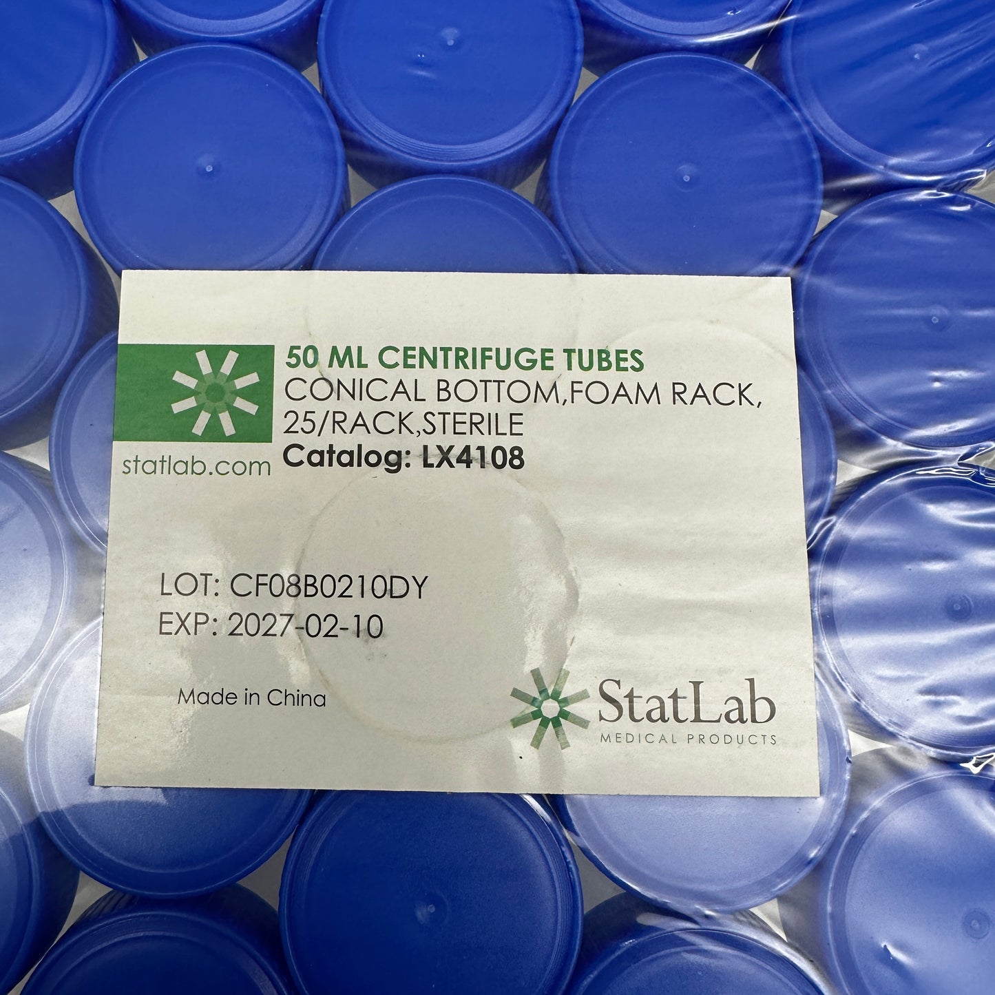 STATLAB (25 Pack) 50 ML Plastic CENTRIFUGE TUBES CONICAL BOTTOM,FOAM RACK LX4108