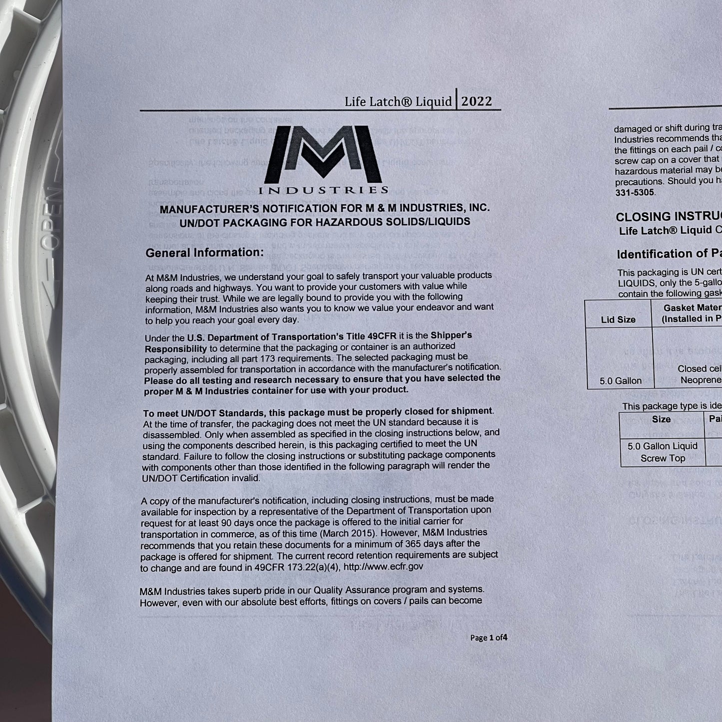ZA@ M&M INDUSTRIES (3 PACK) Life Latch Liquid Container 5 Gal White, Made in USA