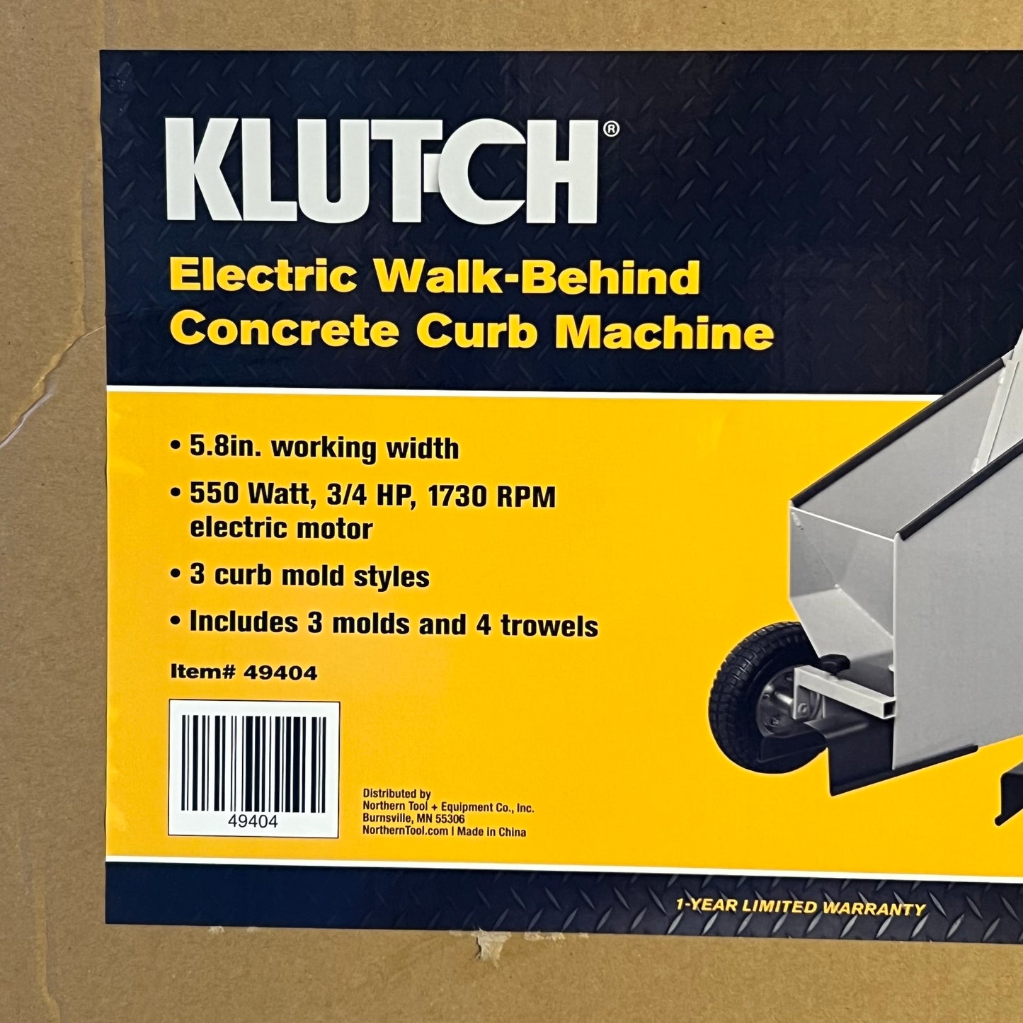 KLUT-CH Electric Walk-behind Concrete Curb Machine 550Watt, 1730RPM Sz 36"L x 17.5"W x 21"H, Grey 49404