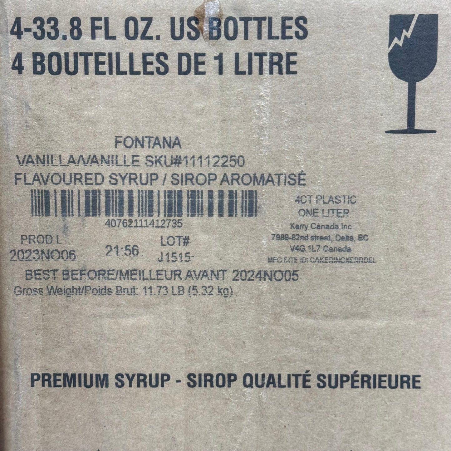 ZA@ STARBUCKS (4 PACK) Fontana Vanilla Flavored Syrup 33.8 fl oz/Bottle (BB 11/24) 11112250 E