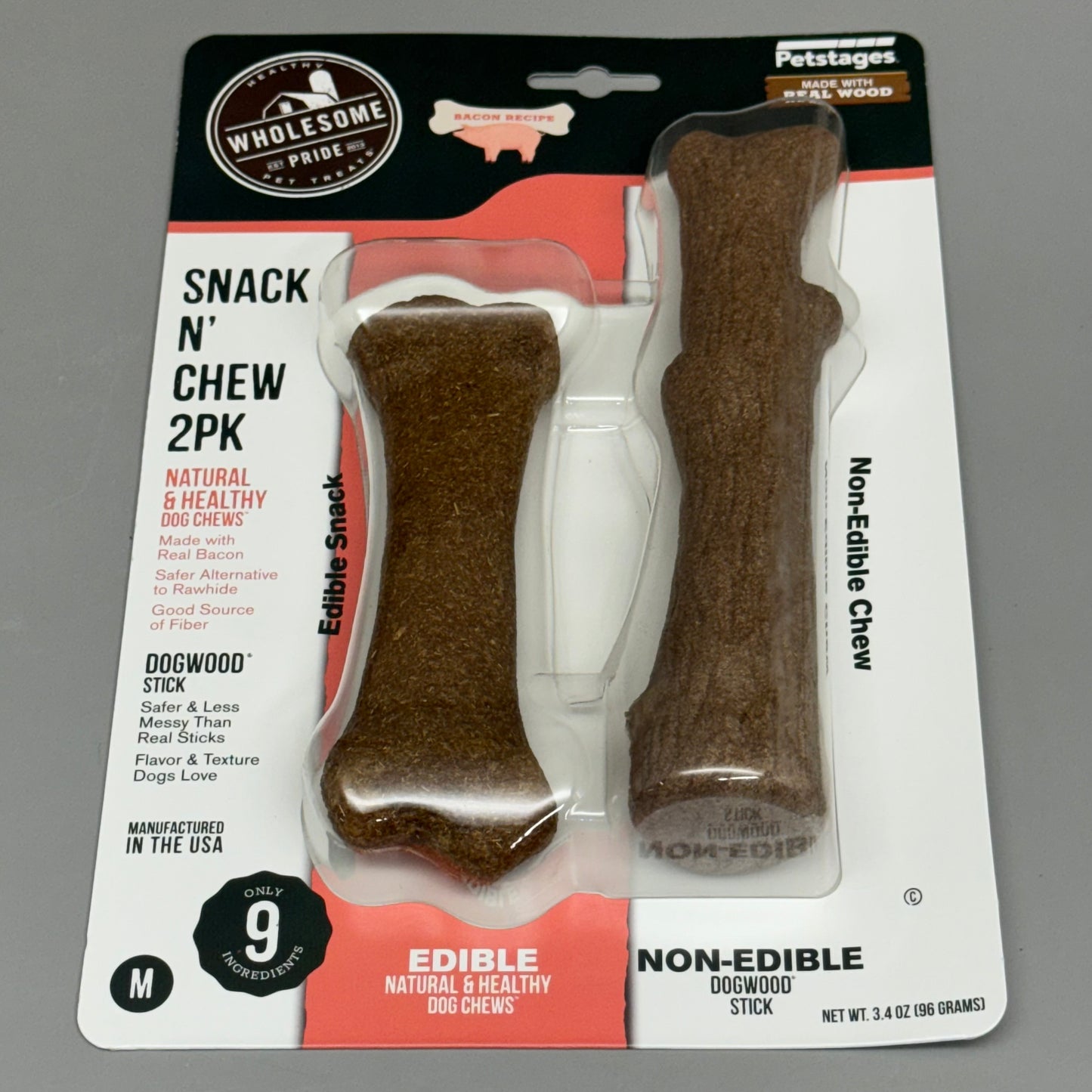 WHOLESOME Bacon Recipe Snack’n Chew 2Pk Edible & Non-Edible 3.4 oz