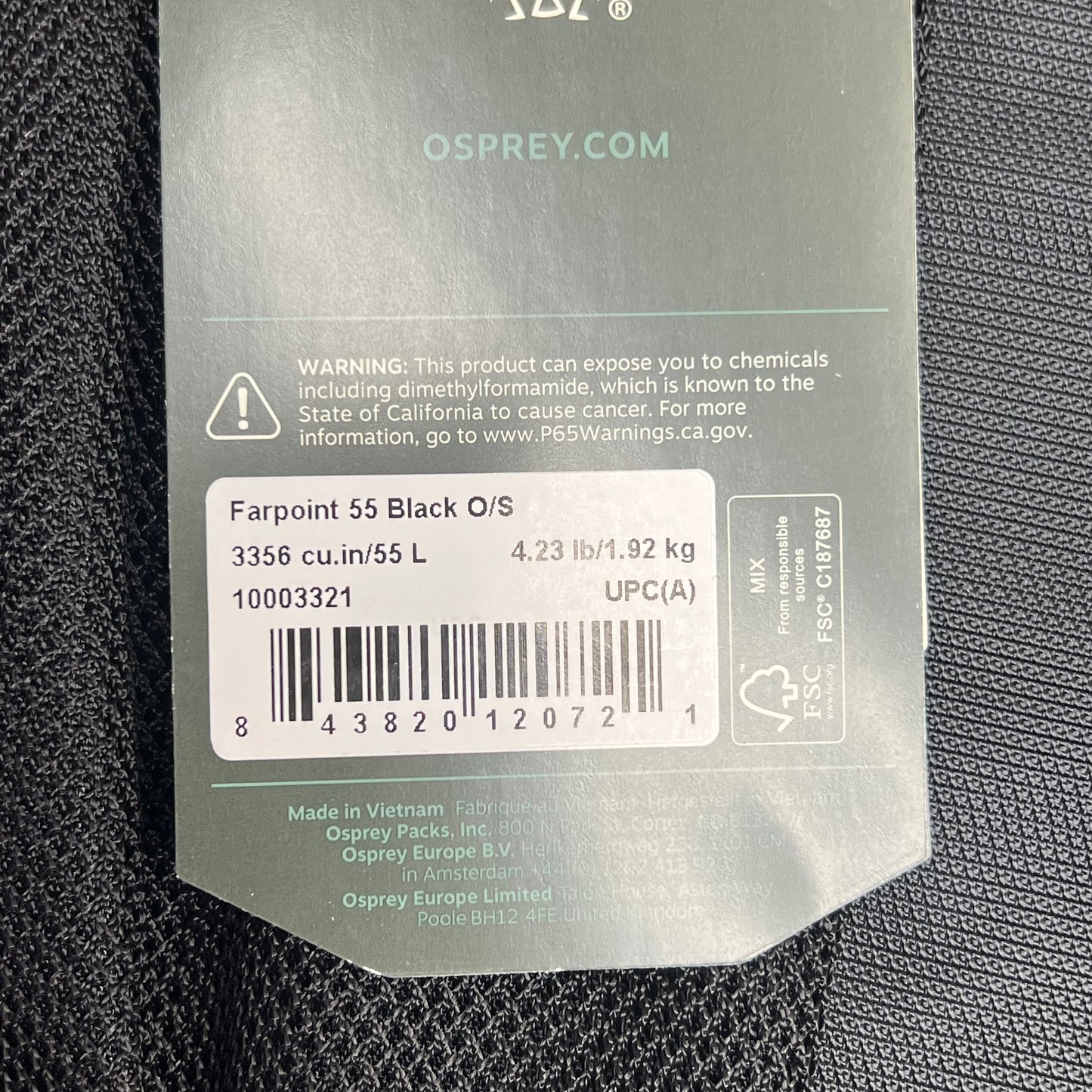 OSPREY Farpoint 55L Travel Pack Lockable Men's Adjustable fit Black 10003321