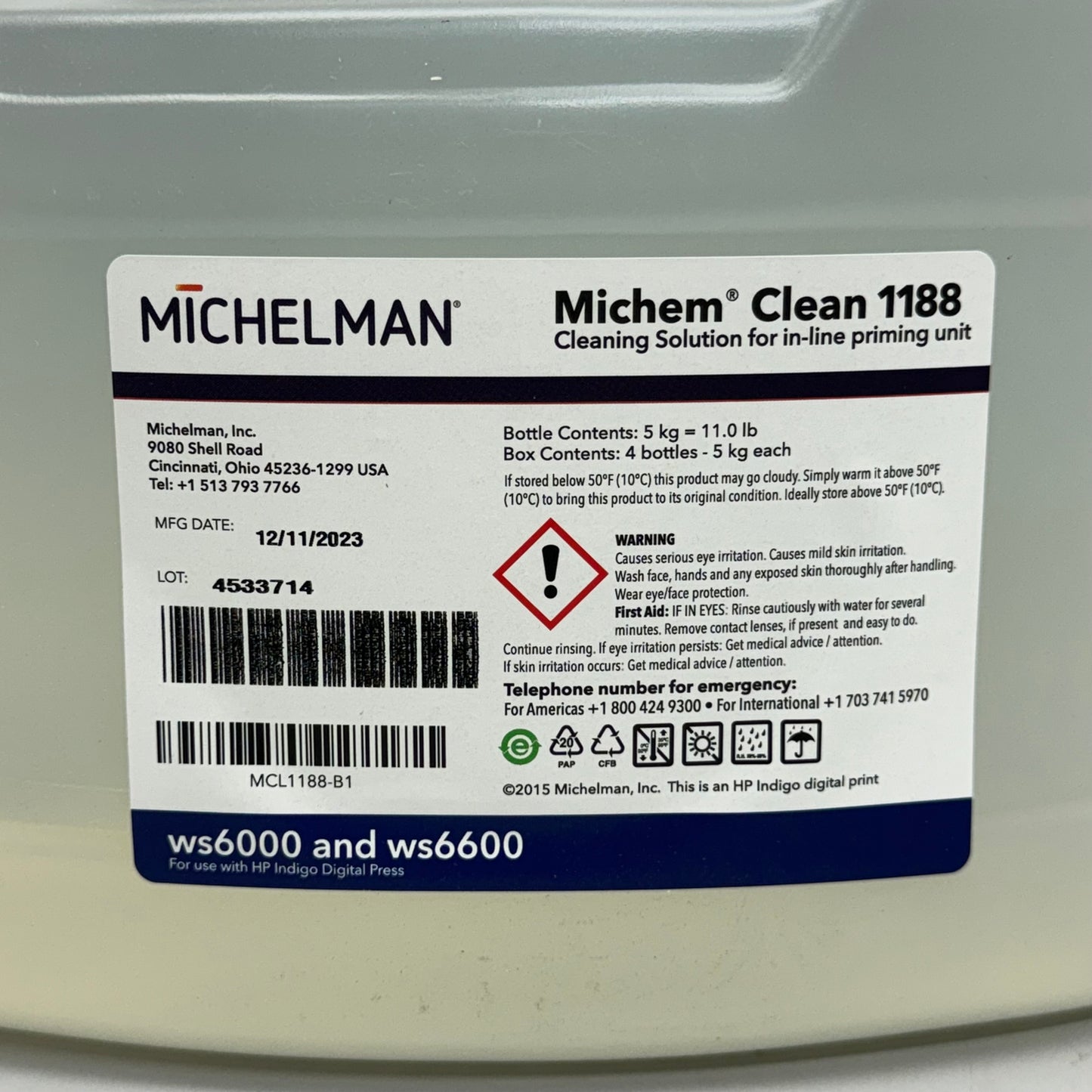 MICHELMAN Michem Clean 1188 WS6000 and WS6600 9 1/2”Hx8”Lx5”W White Bottle