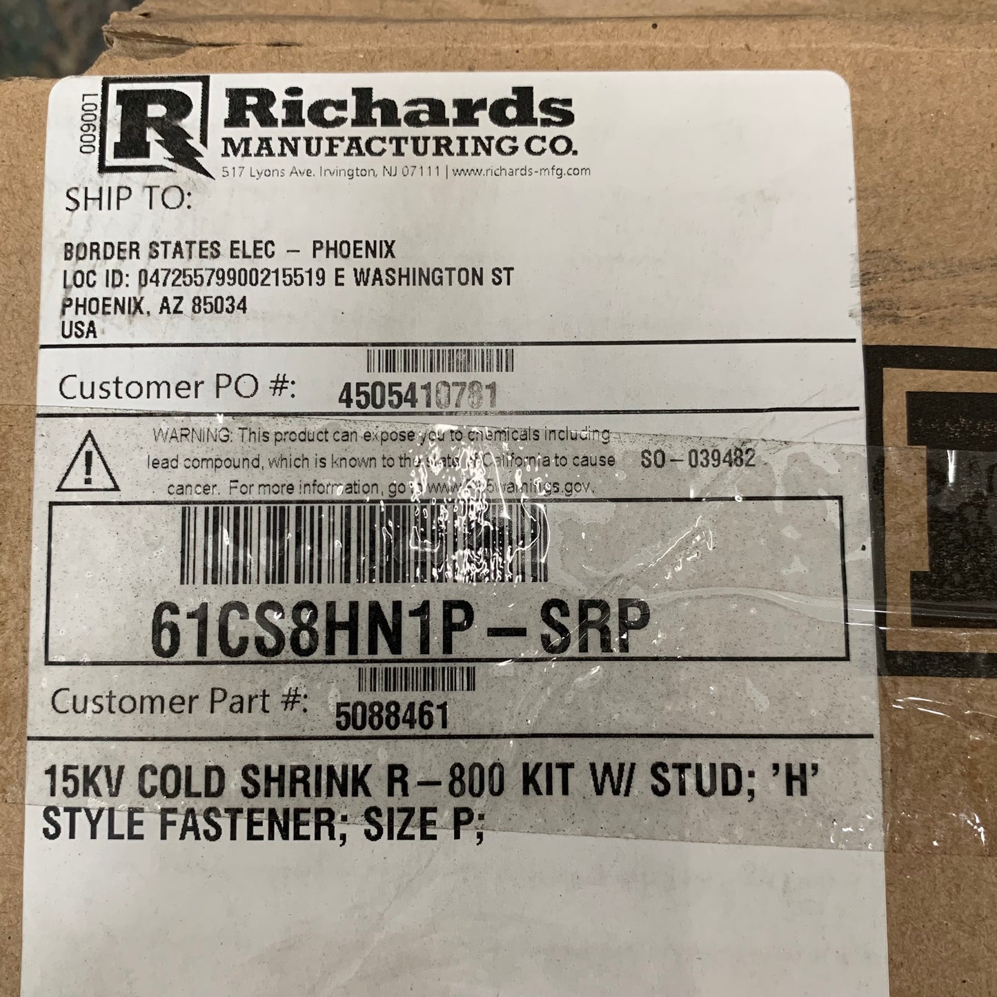 RICHARDS MANUFACTURING 15KV Cold Shrink R-800 CS8 Series Prepared for SRP 61CS8HN1P-SRP