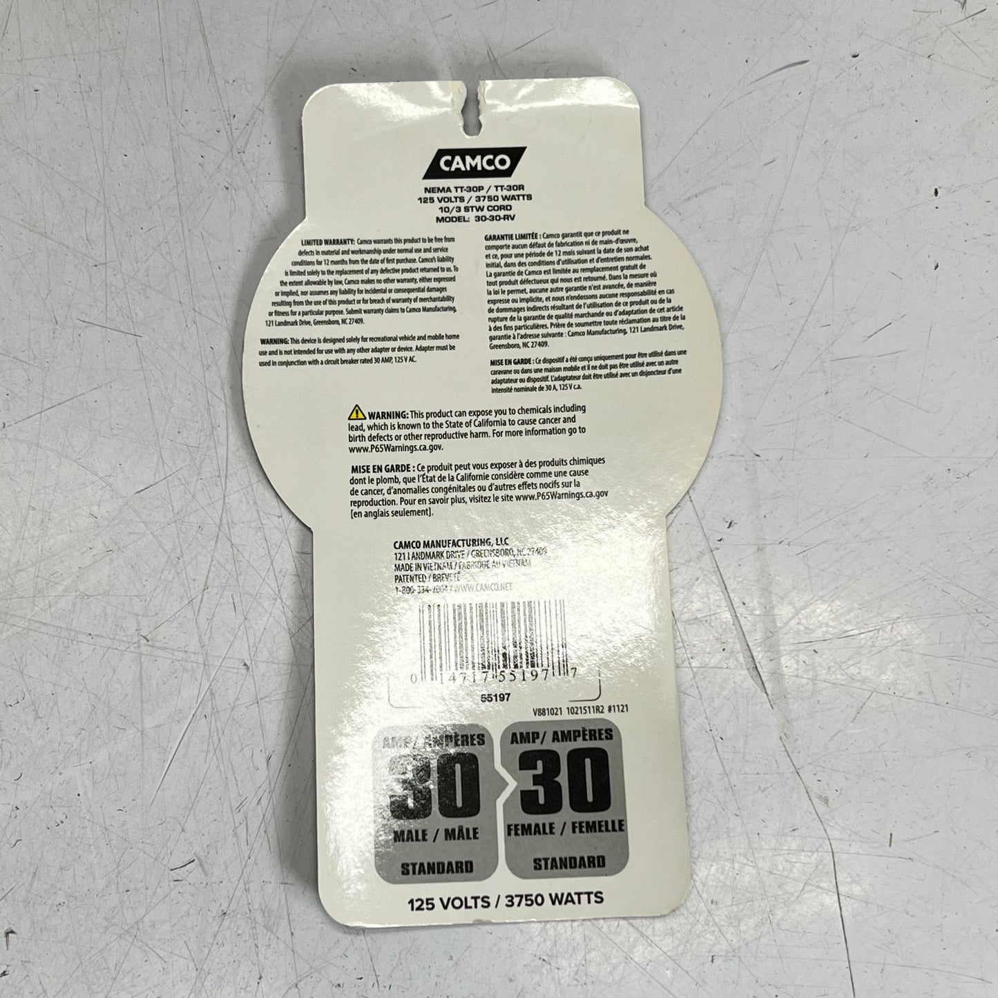CAMCO Rv Extension Power Grip Extcord  50' 30A 125V/3750W 10 Ga Yellow 55197