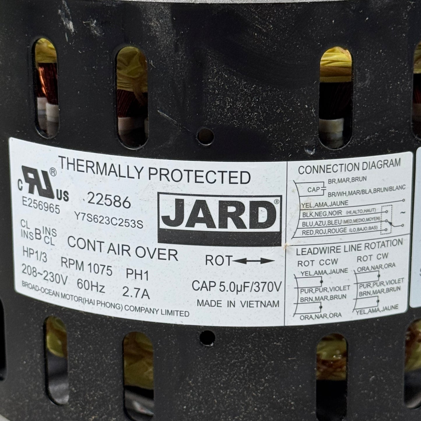 JARD Direct Drive Blower Motor 3 speed 1075 RPM 22586