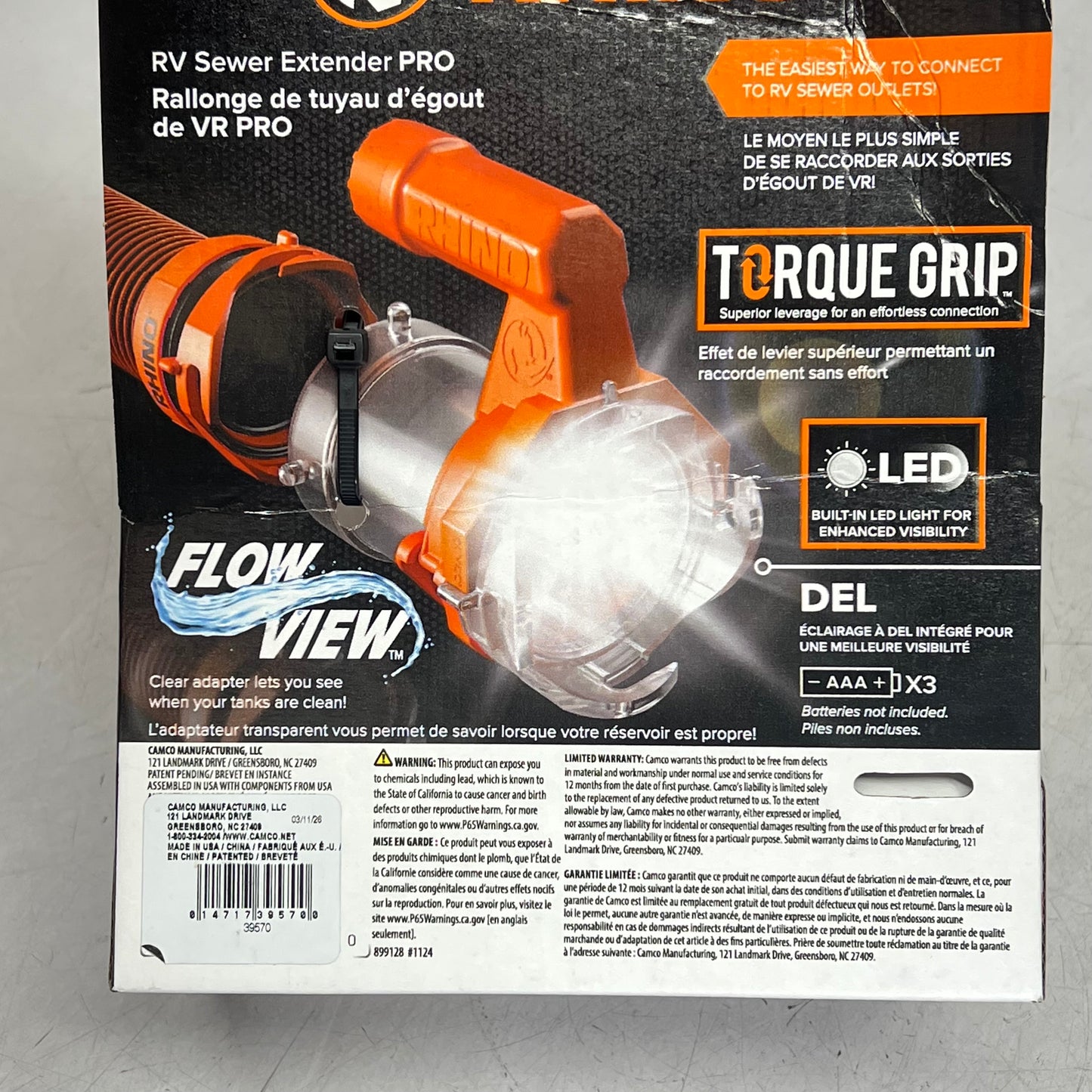 CAMCO Rhino Rv Sewer Extender Pro W/ Led Flashlight  5" Universal Orange 39570