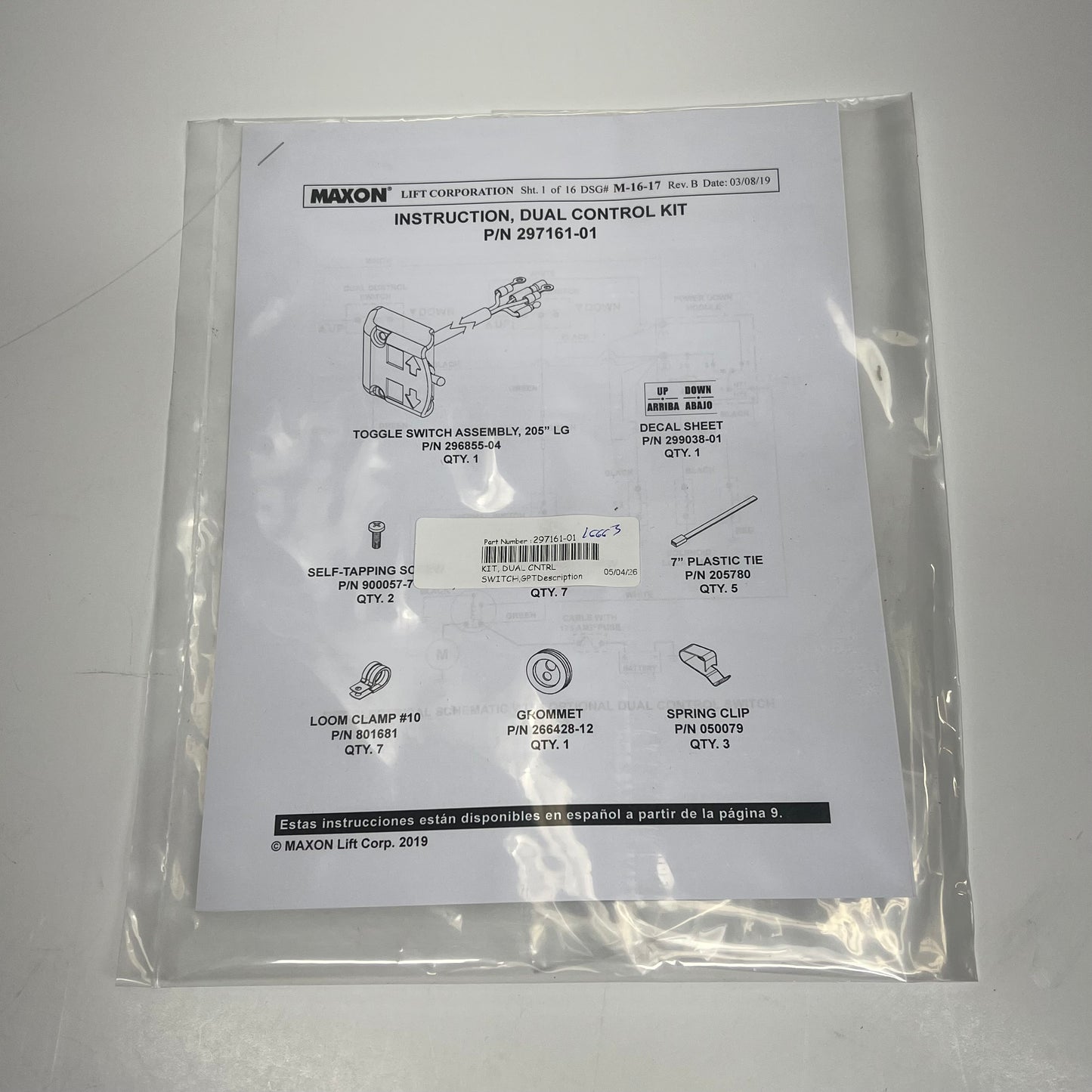 MAXON Dual Control Kit Liftgate Switch For Gpt Series 297161-01