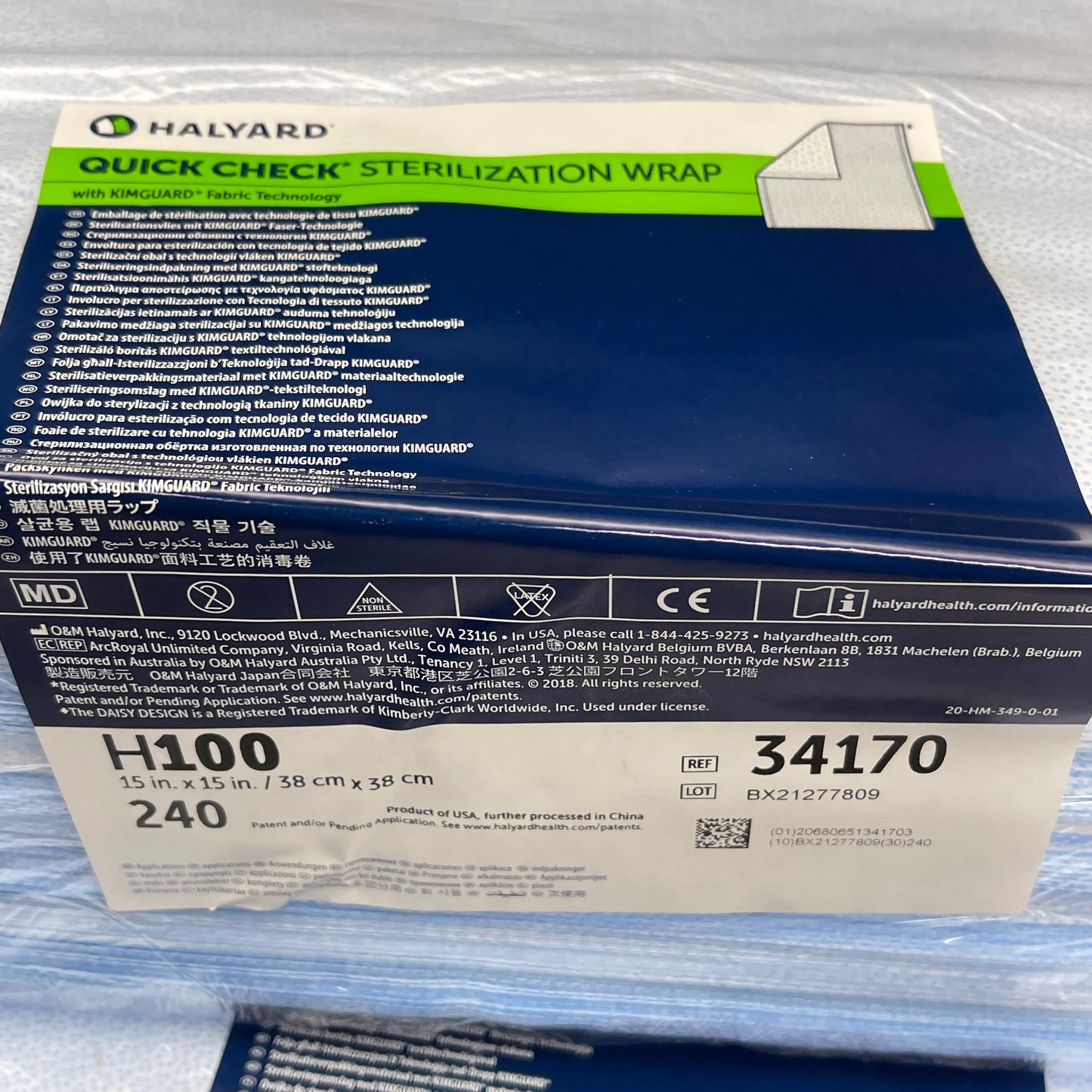 HALYARD 480-PACK! Quick Check Sterilization Wrap H100 15" x 15" Light Blue 34170