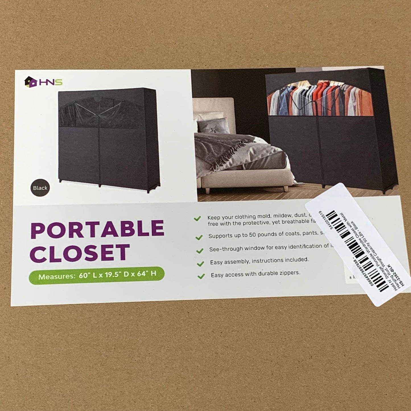 HNS Portable Wardrobe Closet & Metal Hanging Rod 60"Lx19.5"D Black HS-3392-BLK