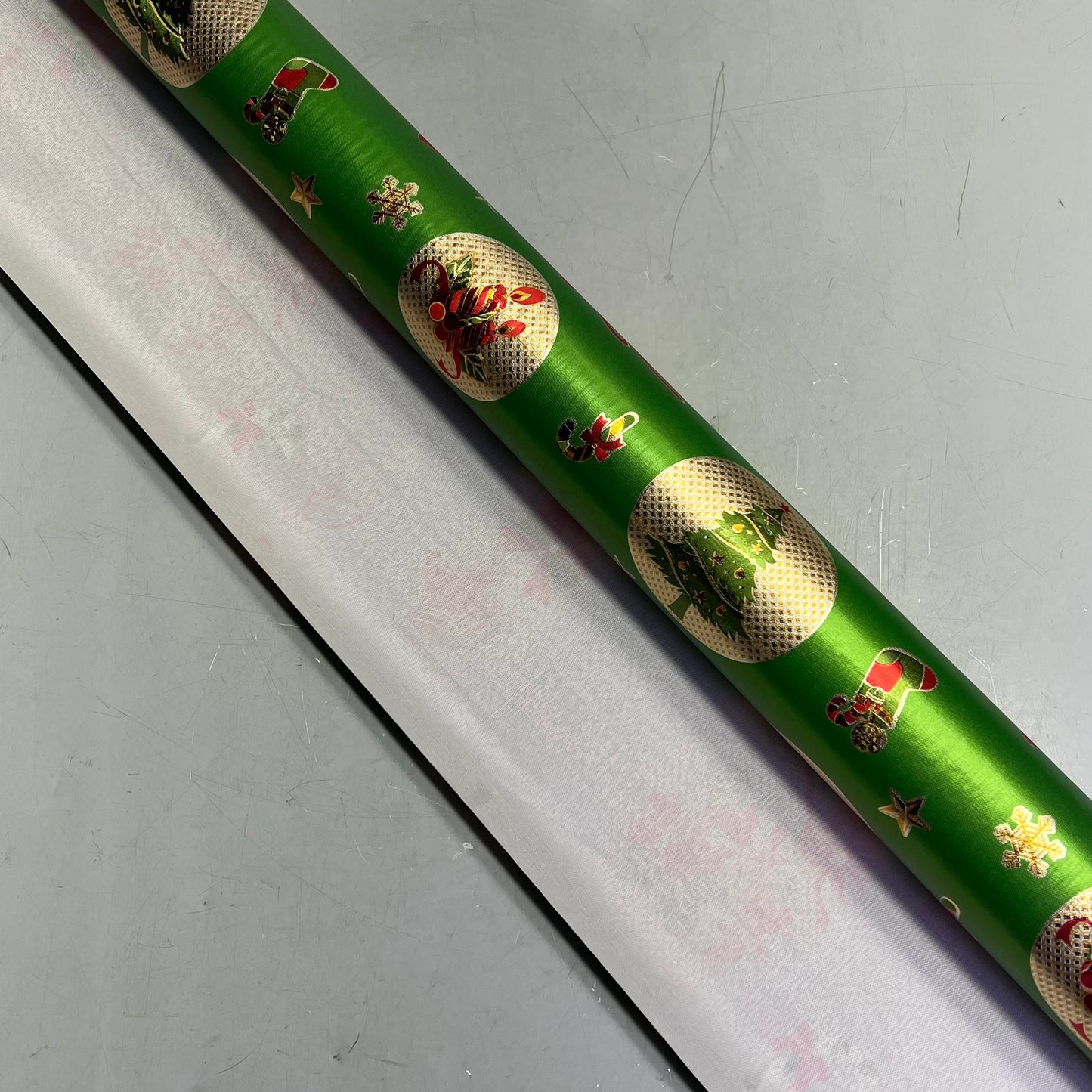 Christmas Ornaments Poinsettia & Bells Vinyl Tablecloth 54"x60' Shine Green