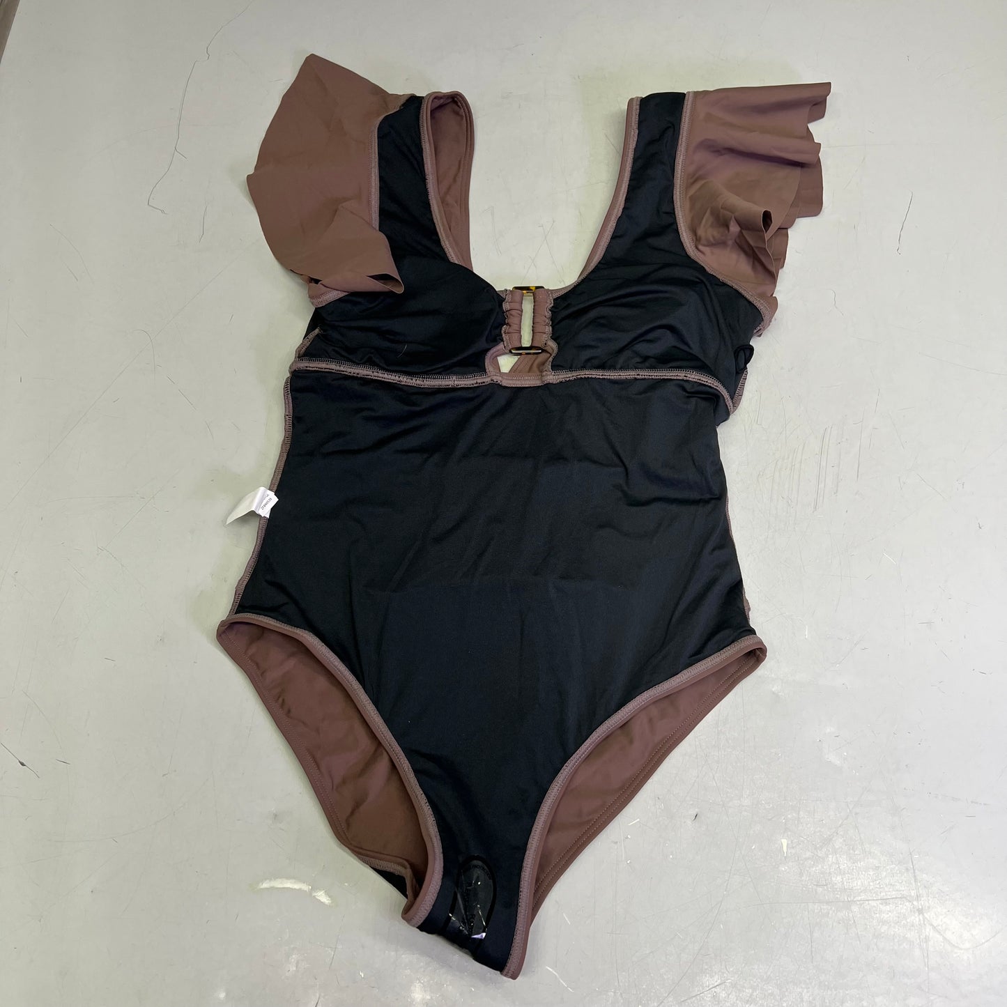 CHARMO Deep Scoop Neck Ruffle Cap Sleeve Swimsuit Women's Sz M Milk Chocolate